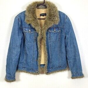 Mariutti Denim Jean Jacket Sherpa Lined Sz Small Rivets 90s/Y2K Faux Fur Trim